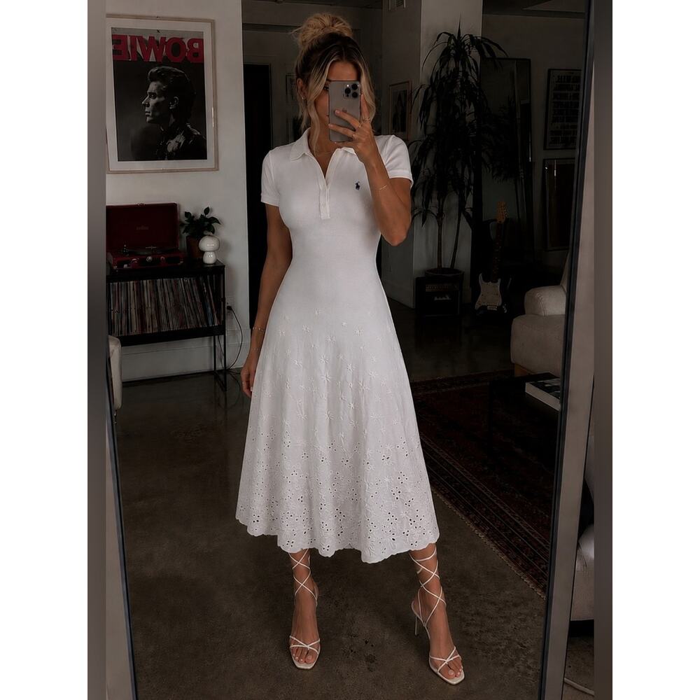 Polo Ralph Lauren White Eyelet Embroidered Polo Shirt Midi Dress Small Preppy